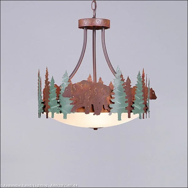 Industrial Style Ceiling Lights with Exposed Bulbs and Metal CagesIndustrial Style Ceiling Lights with Exposed Bulbs and Metal CagesAvalanche Ranch Crestline-Bear A44726FC-HR-04 Pendant Light - Pine Green/Rust Patina