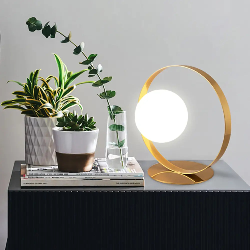 asian inspired table lamps with bamboo accents for a zen atmosphereasian inspired table lamps with bamboo accents for a zen atmosphereBeatrice - Gold Gold Ring Table Lamp Postmodern 1 Bulb Iron Nightstand Light with Ball Opaline Glass Shade