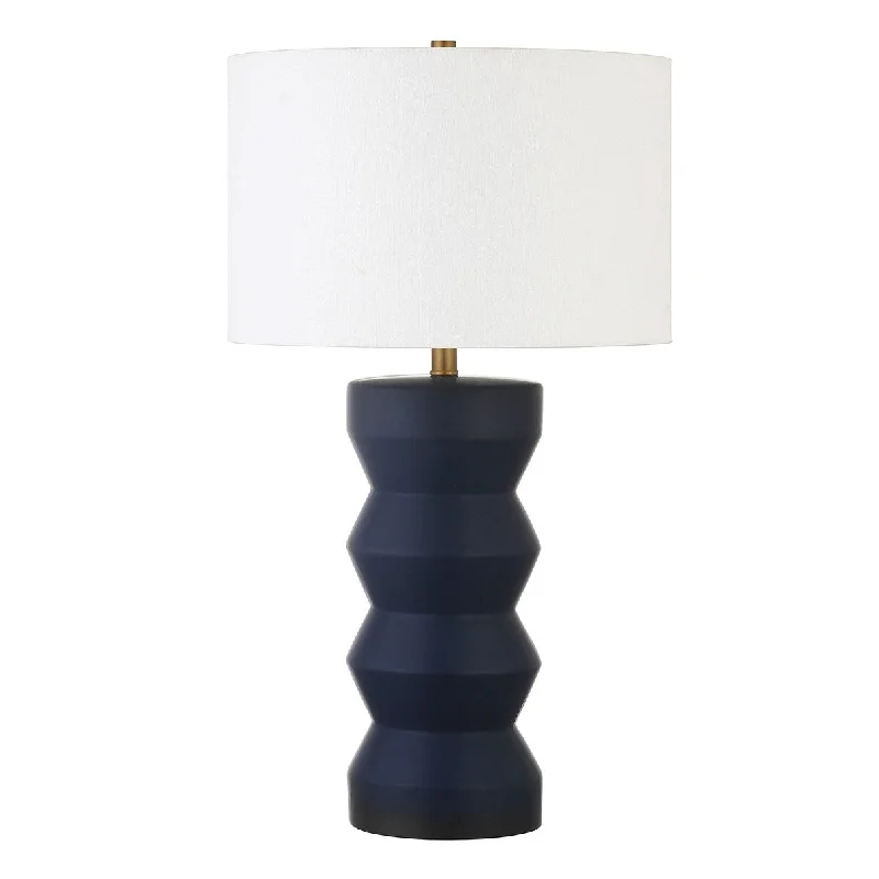 metal table lamps with a matte black finish for a sleek appearancemetal table lamps with a matte black finish for a sleek appearanceHomeRoots 28" Navy Blue Ceramic Table Lamp With White Drum Shade - 15